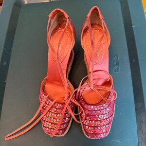 Nine West Pink/Coral "Cannell" Sequin and Satin Espadrille. Size 7.5. Like new.